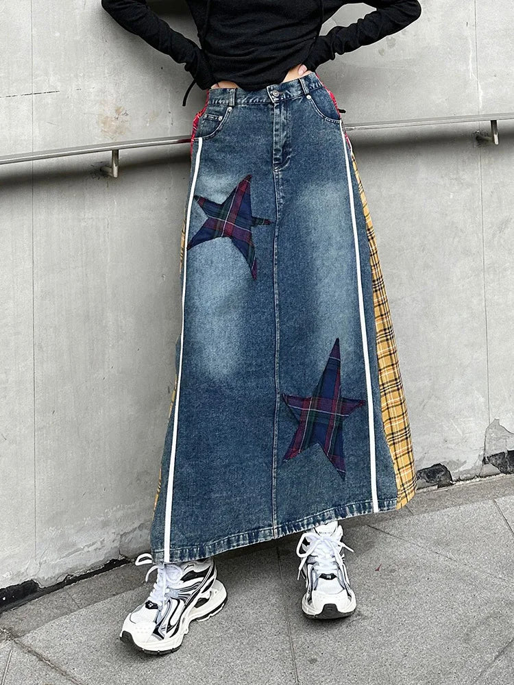[EAM] High Elastic Waist Blue Back Plaid Denim Long A-line Half-body Skirt Women Fashion Tide New Spring Autumn 2025 1DH8117