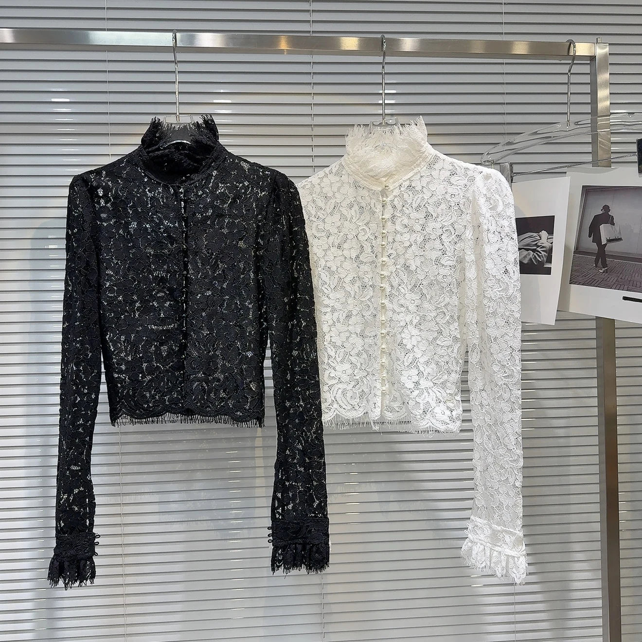 KTCZ Solid Spliced Lace Hollow Out Blouse For Women Long Sleeve Single Breasted Patchwork Print Minimalist Chic Blouse Female