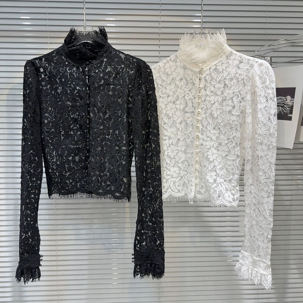 KTCZ Solid Spliced Lace Hollow Out Blouse For Women Long Sleeve Single Breasted Patchwork Print Minimalist Chic Blouse Female