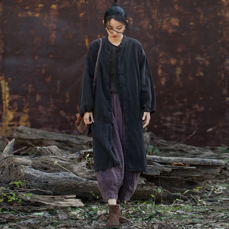 Women Casual Long Jackets New Arrival 2024 Autumn Vintage Style Stand Collar Solid Color Loose Female Cotton Linen Coats M244