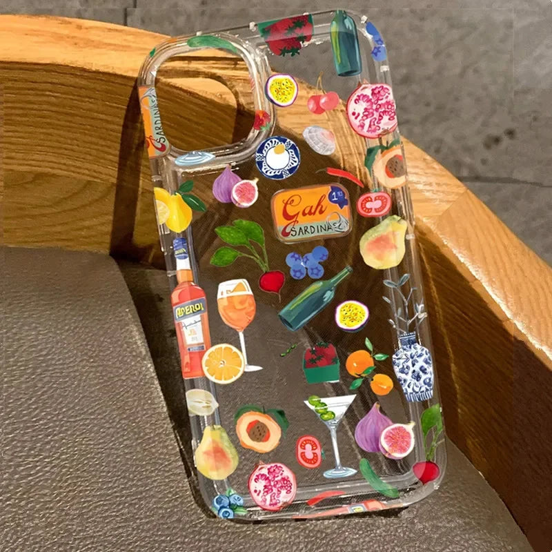 Transparent Fruit Juice Flower Pattern Phone Case For iPhone 17 16 14 11 12 13 15 Pro Max 14 Plus 17 Air Shock-Absorbing Cover