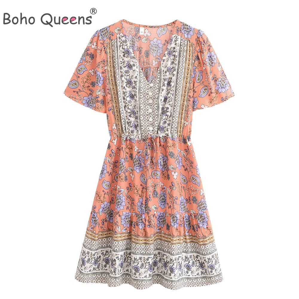 Boho Queens Women Wild Floral Print Deep V-neck Summer Bohemian Mini Dresses Robe Lady Short Sleeve Beach Boho Dress Vestidos