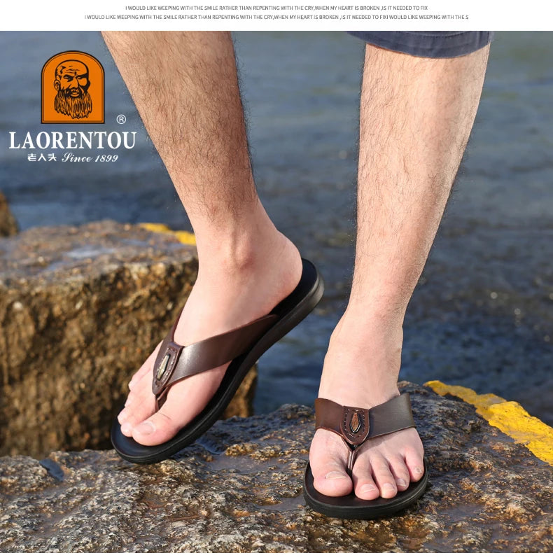 LAORENTOU slippers, men's genuine leather, Korean version, clip on flip flops, men's sandals, cowhide soft sole, anti slip