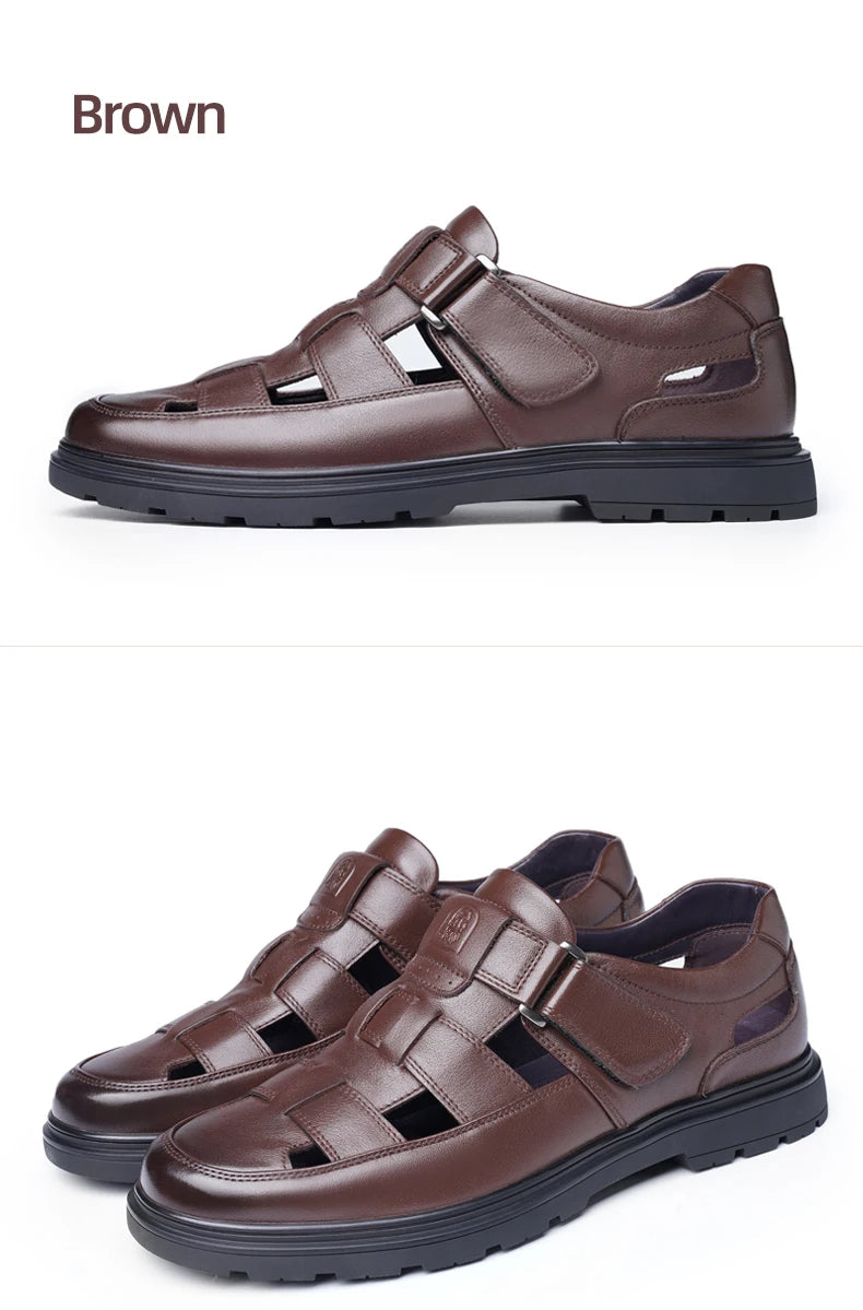 LAORENTOU leather sandals, men's breathable hollow hole shoes, toe wrapped cowhide, anti slip and wear-resistant casual  shoes