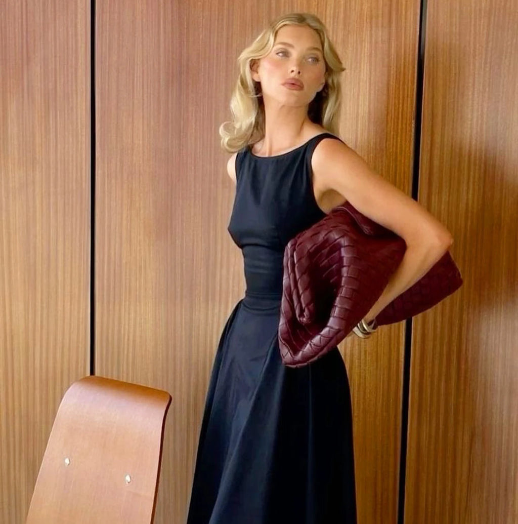 2025 New Hepburn Style Organic Cotton Temperament Backless Long Black Dress for Women