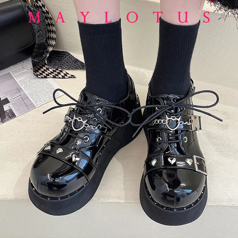 Punk Style Shoes Woman Platform Heel Metal Rivet Dark Bat Fashion Trendy Women Wedge Bottom Burgundy School Student Shoes