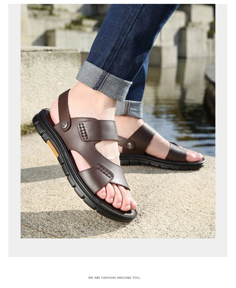 Laorentou Genuine Leather Summer Casual Beach Shoes, Cowhide Soft Soles, Anti Slip, Dual-Purpose Sandals for External Wear2050606