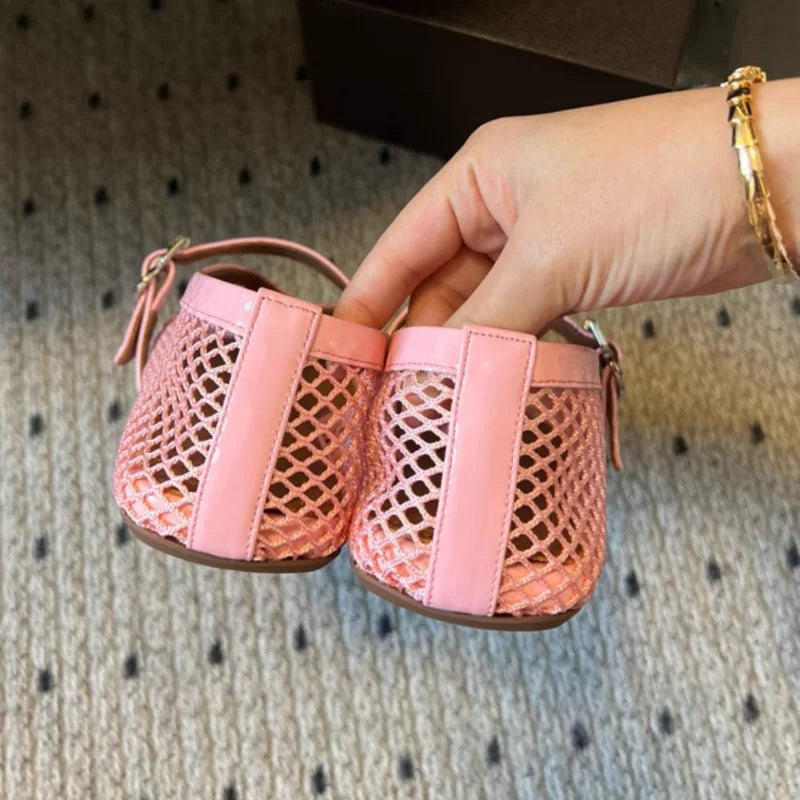 Mesh Buckle Ballet Shoes For Women, High Version 2025 Fairy Hollow Flat Bottom Pink Fishing Net, Mary Jane Single Shoe