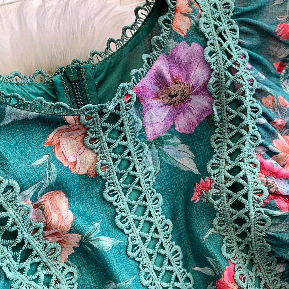 Ele Lace Splice Waist Cinching Long Dr Korean Sle Print Blouse Svel Midi Skirt High Waist A-Line Silhouette