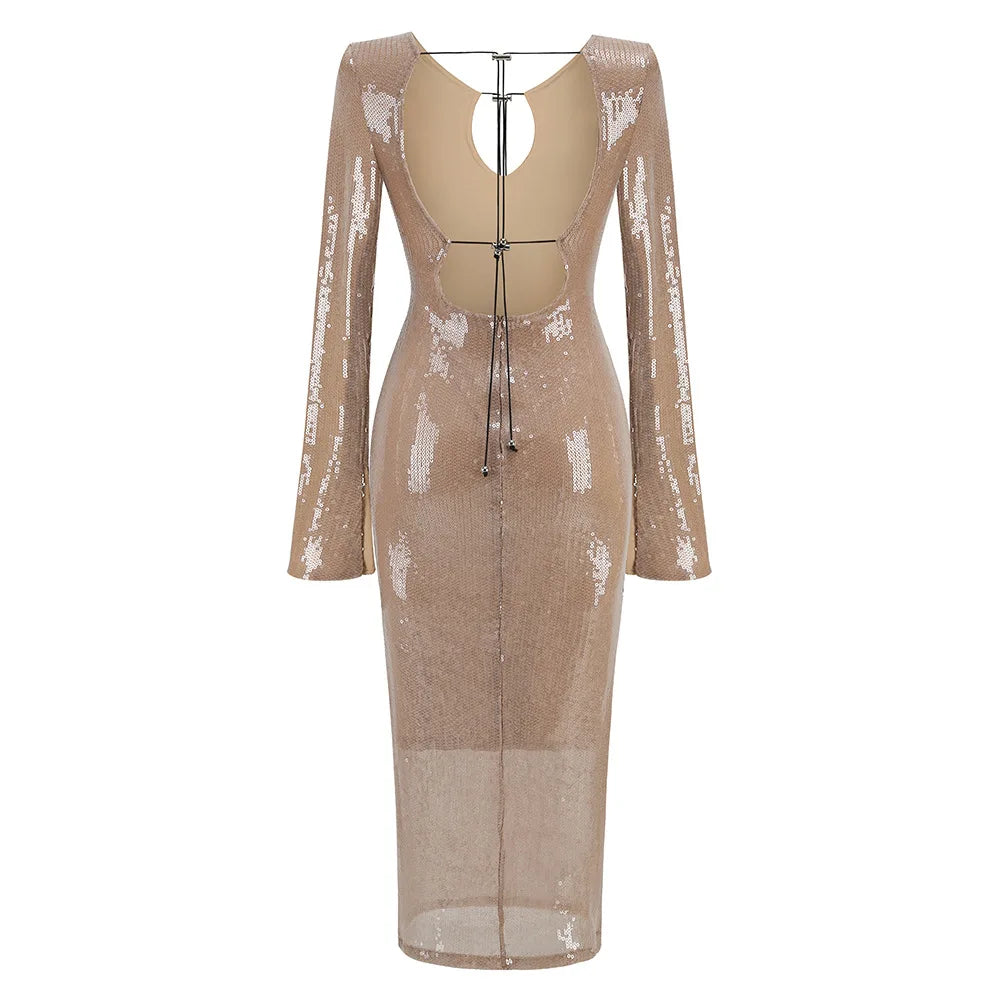 Luxury celebrity vacation photography nightclub evening gown sexy solid color sequin banquet long sleeved dress