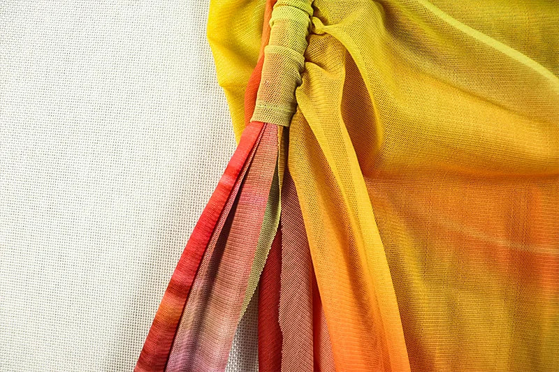 CM.YAYA Summer Women One Full Sleeve Tie Dye Print Midi Dress High Side Split High Waist Night Club Party Dresses Vestidos