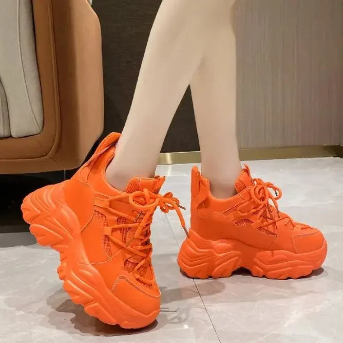 Autumn Orange Platform Sneakers Thick Sole Wedge Heels Women Casual Shoes Lace-up Slip On 2025 Ladies Height Increasing Shoes