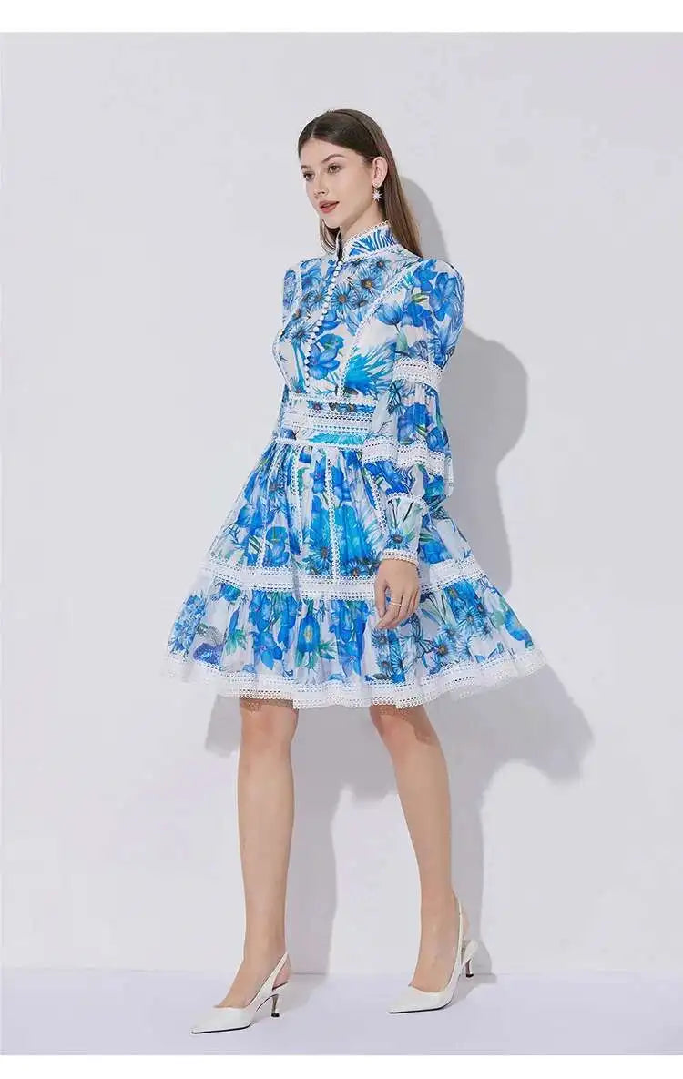 Elegant Long Sleeve Floral Short Dresses Shirt For Women Summer Autumn Holiday Hollow Out Printed Party Dress