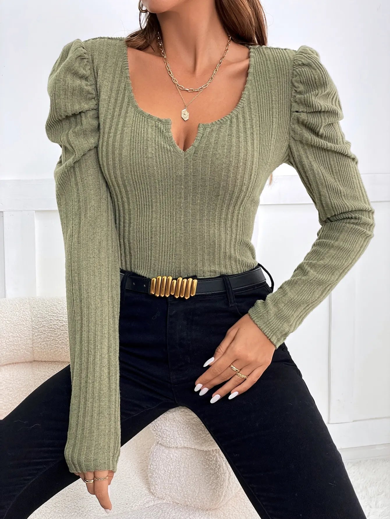 V-neck Puffy Sleeve Sweater Woman Spring Summer Explosion With Slim Short Base Shirt Long Sleeve Solid Color Blouse Woman