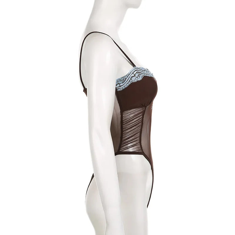 See Through Lingerie Sexy Slim Sleeveless Bodysuit Bow One-Pieces Corset Top Letter Embroidery Bustier Lace Lenceria Femenina