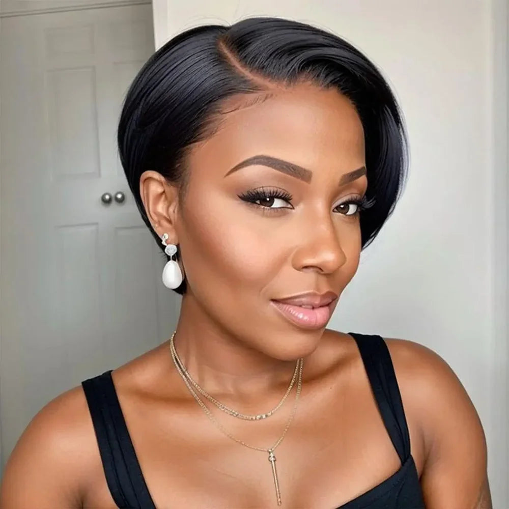Malaysian 13x4 Lace Wig Side Part Pixie Cut Wigs 100% Human Hair Side Part Straight Bob Wig Transparent Lace For Black Women