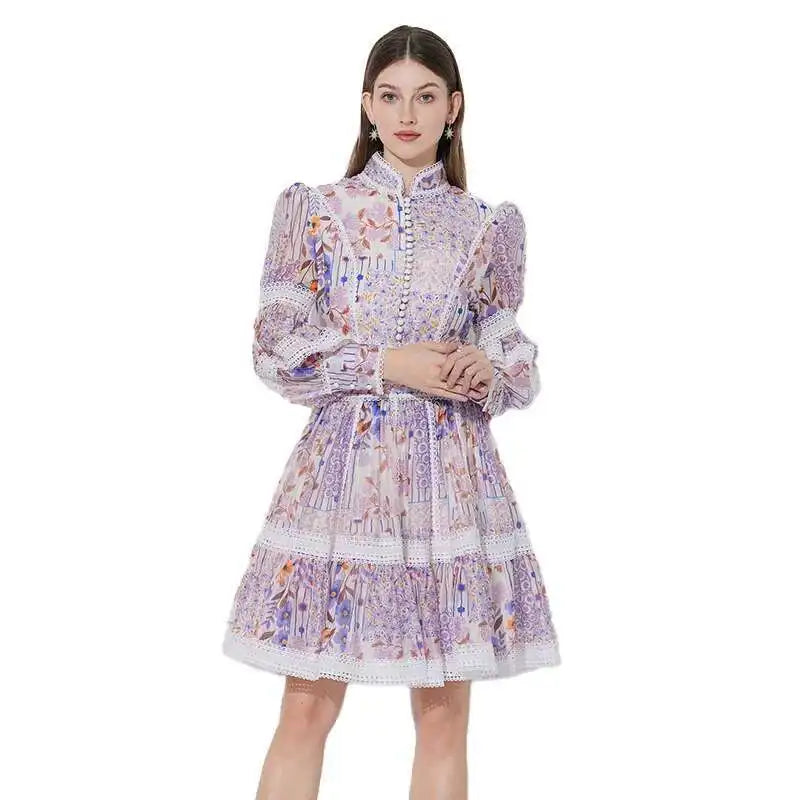 Elegant Long Sleeve Floral Short Dresses Shirt For Women Summer Autumn Holiday Hollow Out Printed Party Dress