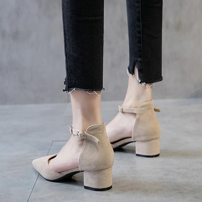 Small Size 31-34 Fashion Closed Toe Sandals Low Heeled Woman Ankle Strap Shoes Pointed Thick Heel Sandalias De Mujer Ladies Shoe