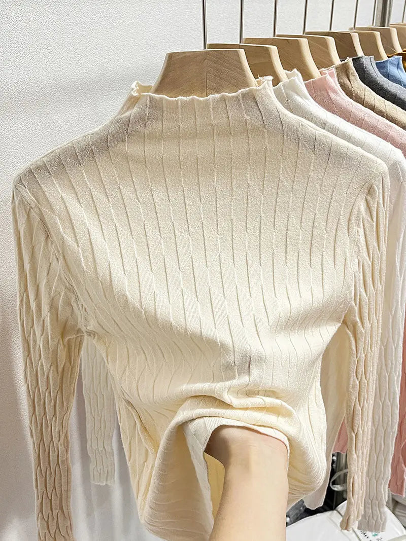 2025 Slim Fit Knitted Base Pullovers Autumn Winter Turtleneck Sweater Women's Solid Long Sleeve Casual Ruched Sweater