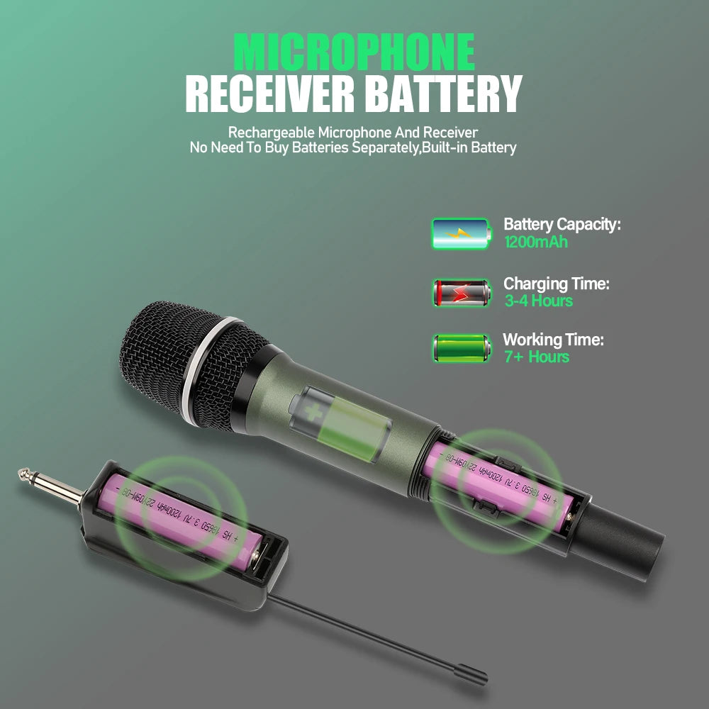 Rechargeable Battery Microphone 2 Channel UHF Wireless Microphone Dual Handheld Dynamic Adjust Frequency For Stage 200ft DL602