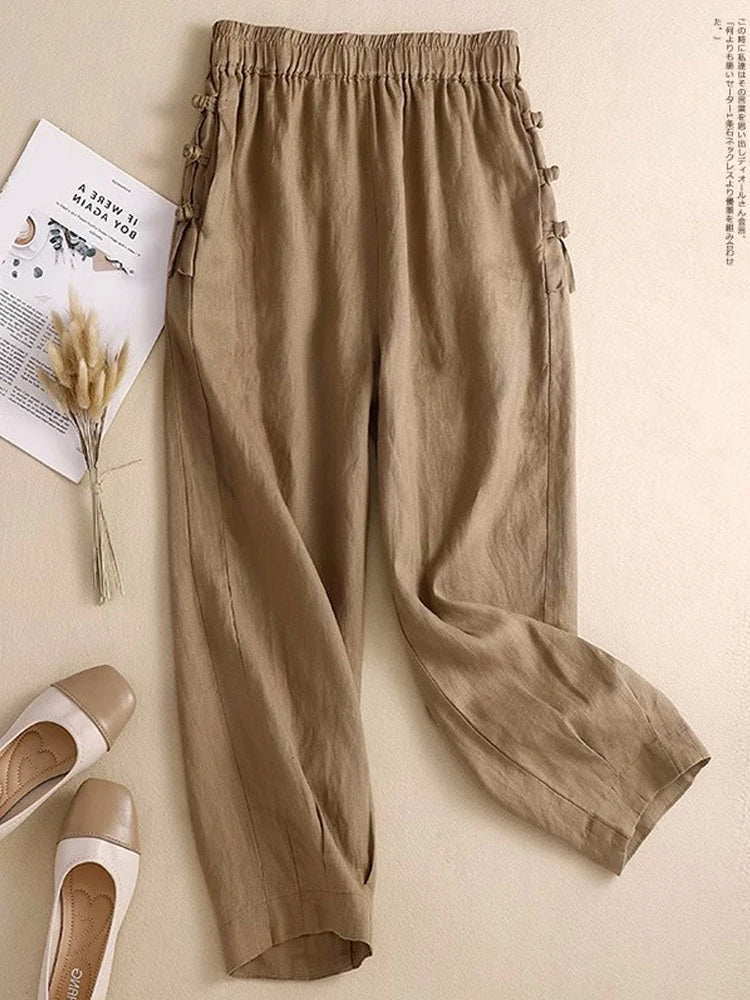 Japan Style Cotton Harem Pants Female Retro Buttons Casual Loose Ankle-Length Trousers for Women Pantalones Mujer