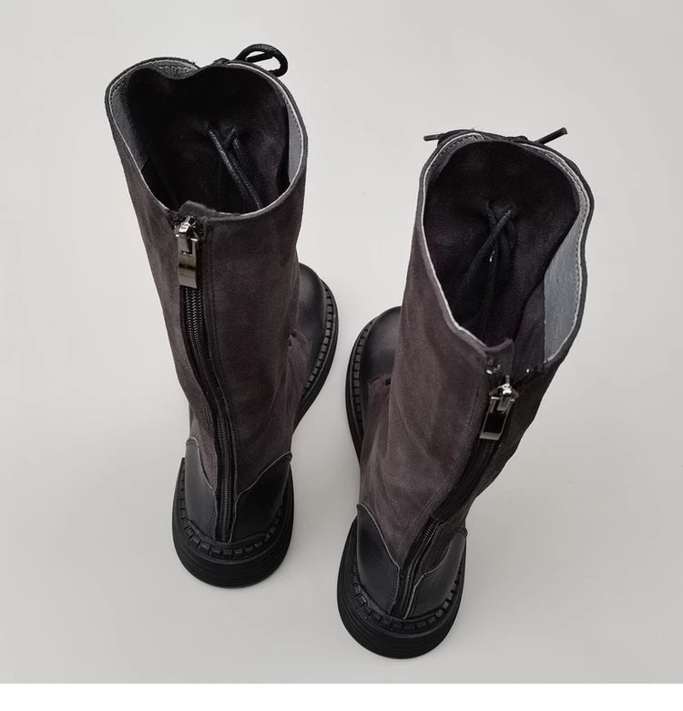 Autumn 2024 Shoes Long Noses Riding Boots Natural Leather Wide Toe Women's Boots Kne-High Cowhide Suede Single Lace-up booties