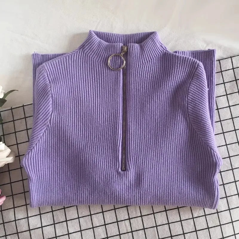 Autumn Winter Turtleneck Women Sweater Long Sleeve Zipper Neckline Knitted Pullover Female Sweater Slim Basic Knitted Jumpers