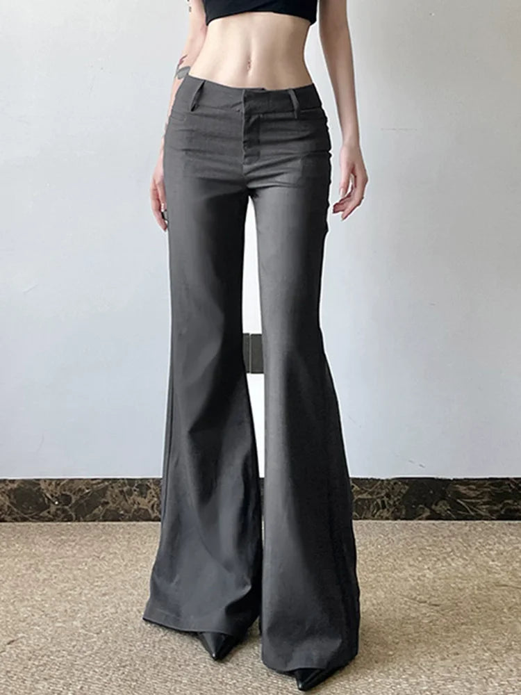 Gray Low Waisted Wide Leg Flare Pants Office Elegant Women's Casual Slim Pantalones Korean Fashion Formal 2025 New Trousers
