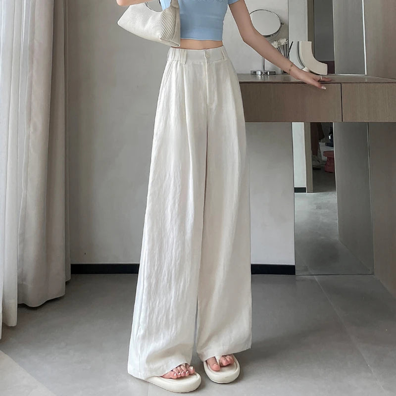 2025 Summer New Cotton and Linen Women's Wide Leg Pants Solid Ice Silk High Waist Straight Casual Loose Suit Trousers Female
