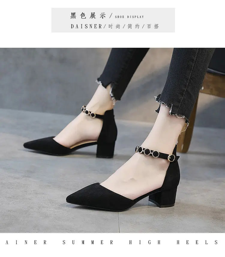 Small Size 31-34 Fashion Closed Toe Sandals Low Heeled Woman Ankle Strap Shoes Pointed Thick Heel Sandalias De Mujer Ladies Shoe