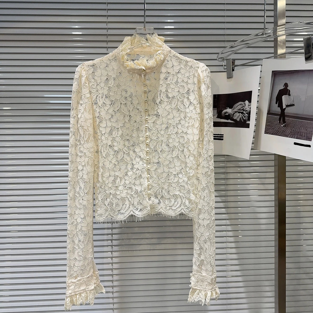 KTCZ Solid Spliced Lace Hollow Out Blouse For Women Long Sleeve Single Breasted Patchwork Print Minimalist Chic Blouse Female