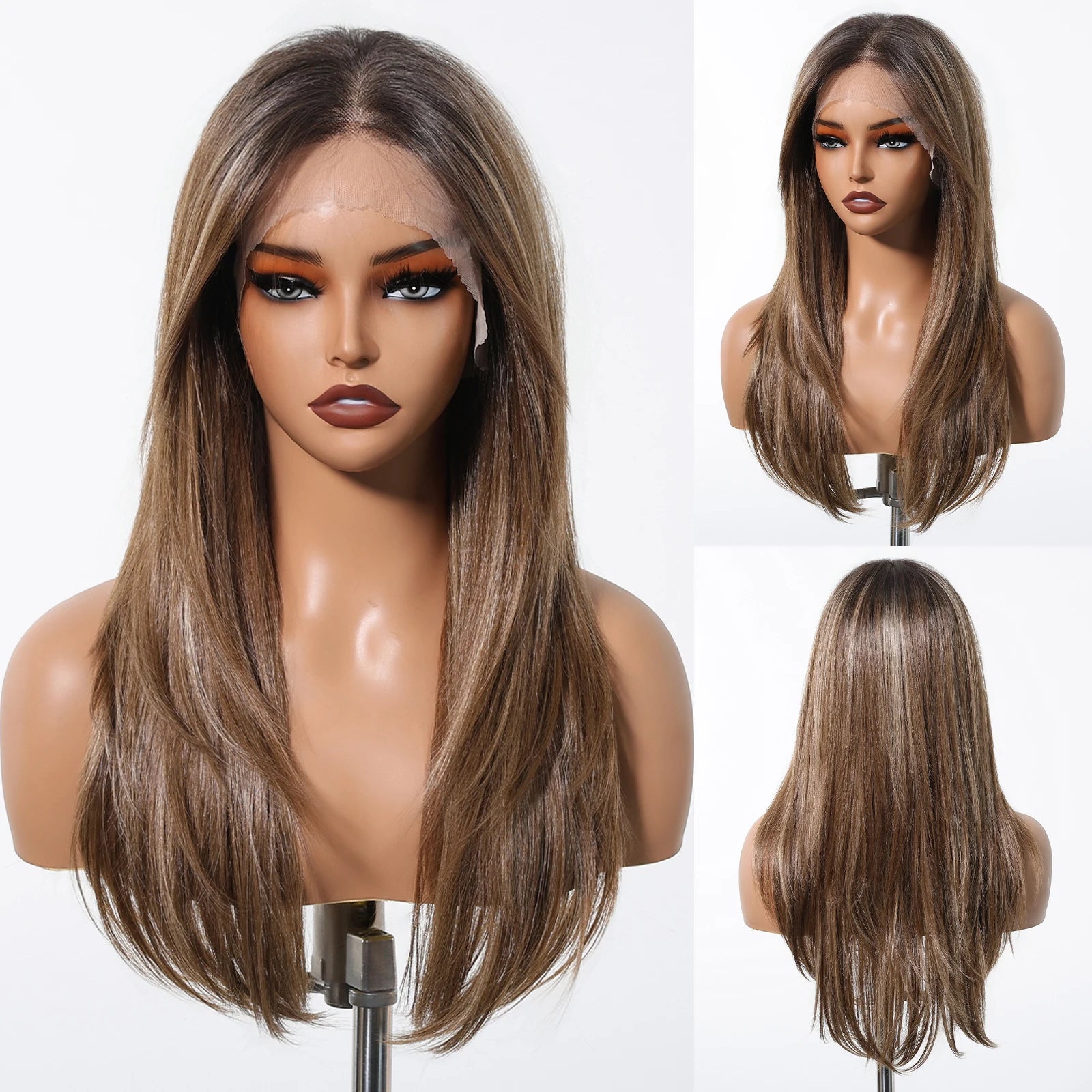 HD 13x6 Lace Frontal Wigs Ombre Brown Synthetic  Hair Long Straight Wigs Daily Use Party Wig for White Women Heat Resistant