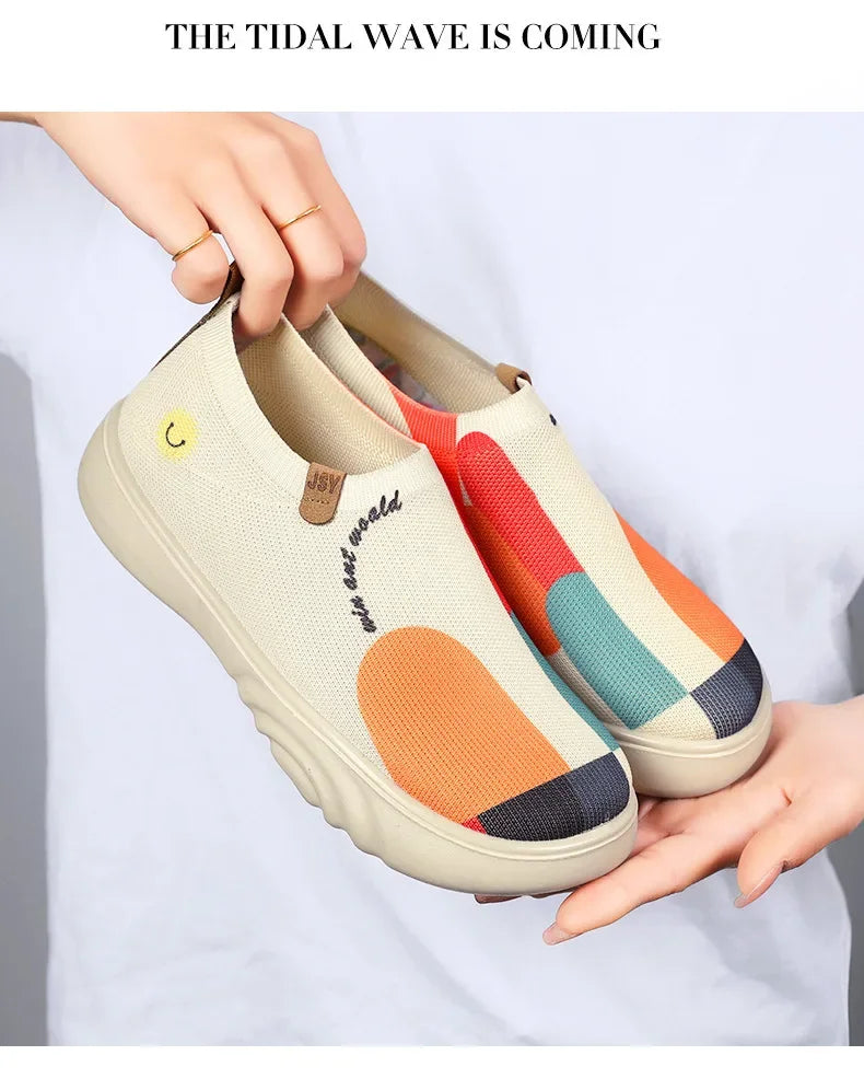 Spring and summer women's breathable knitted sports shoes, casual sponge shoes, lightweight mesh low top shoes  platform boots