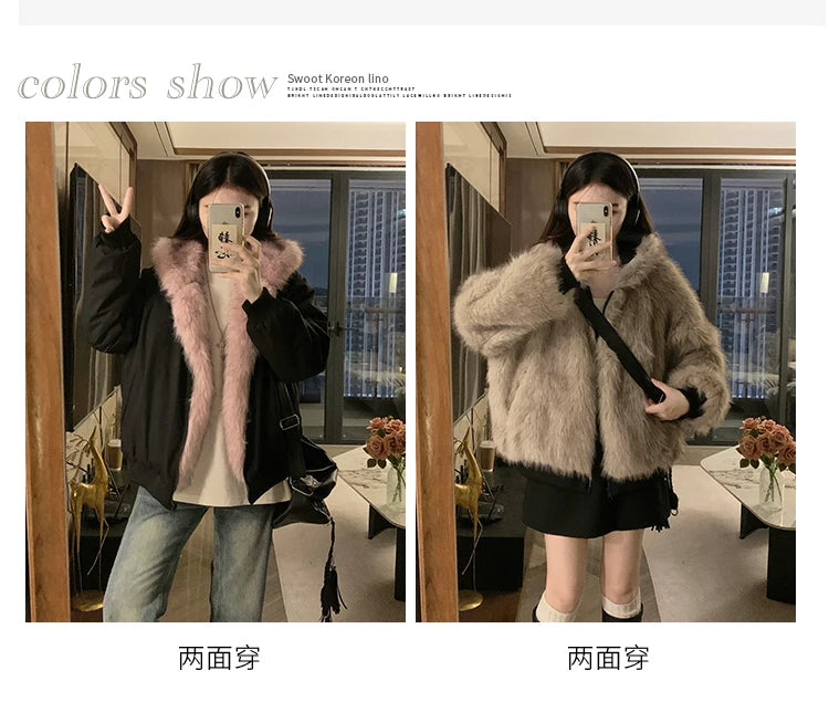 Two-sided Wear Imitation Mink Velvet Fur Hooded Cotton Padded Jacket Fashion New Winter Jackets Women's Short Loose Coats Trend