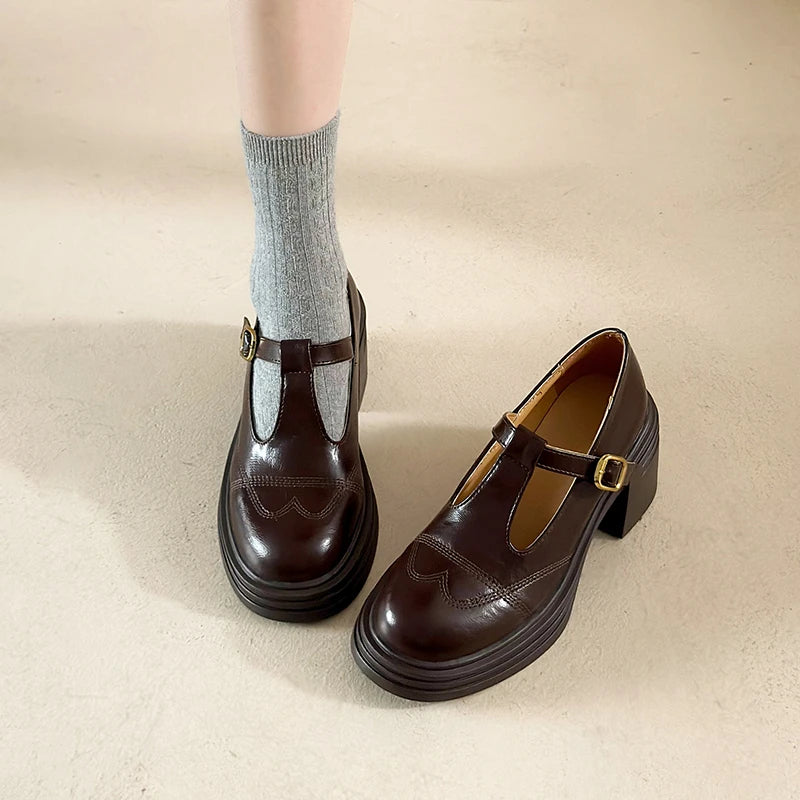 High-heeled Shoes Women Pumps Buckle Thick Heels with T-strap Ladies Chunky Heels Platform Mary Janes Woman Footwear Sandals