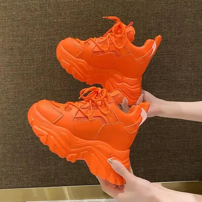 Autumn Orange Platform Sneakers Thick Sole Wedge Heels Women Casual Shoes Lace-up Slip On 2025 Ladies Height Increasing Shoes