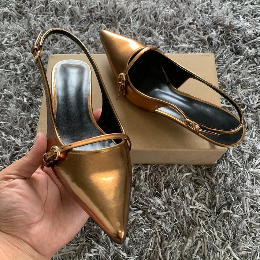 Pointed Toe Buckle Strap Ladies Sandals Gold Shallow Fashion Sexy Party Slingbacks 2025 Summer High Heeled Shoes Woman