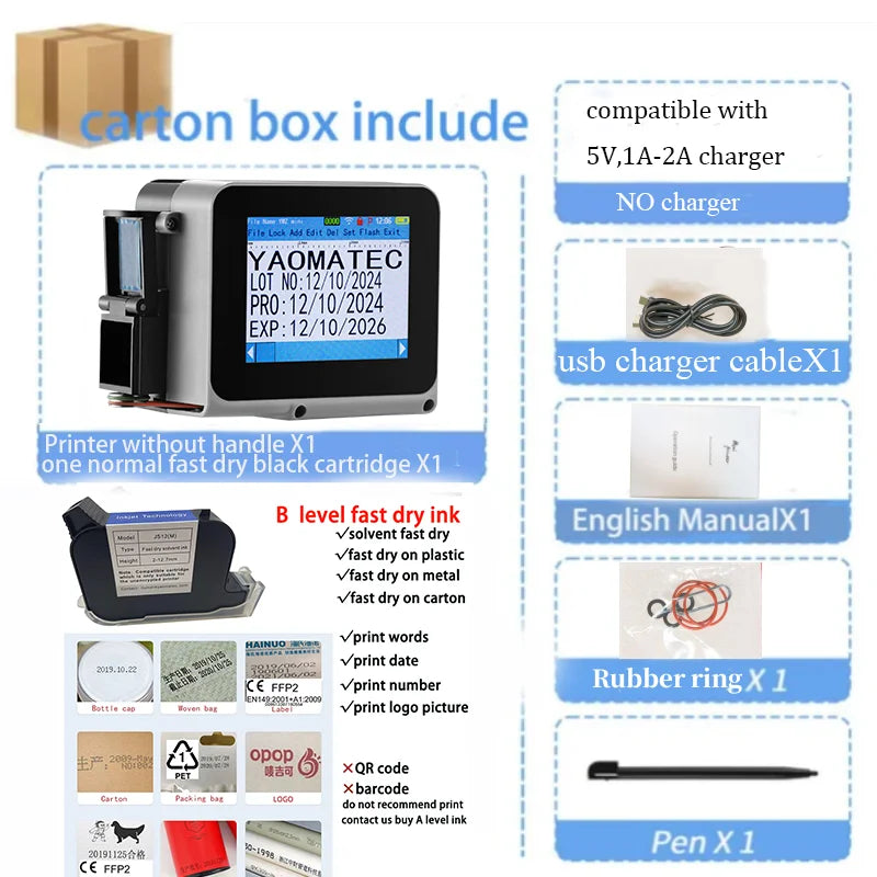 with cartridge: G1760 12.7mm printing gun QR Bar Batch Code Date Logo Expiry Label Portable mini Handheld Thermal Inkjet Printer