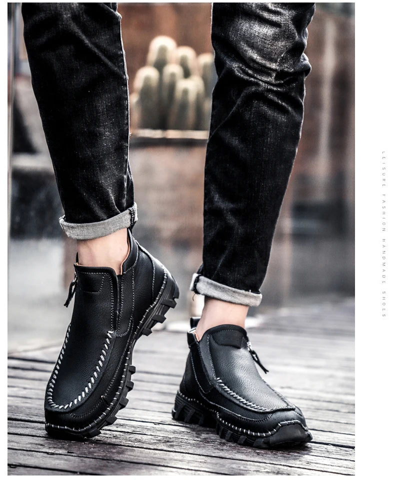 Men Boots Autumn Winter New Handmade High-top Casual Shoes Outdoor Non-slip Hiking Men Shoes Zipper Ankle Boots Plus Size 38-48