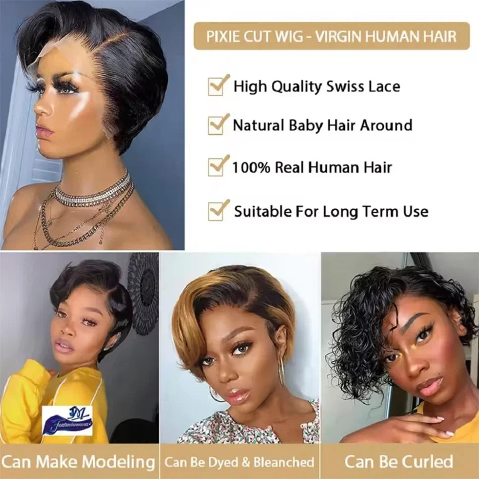 Malaysian 13x4 Lace Wig Side Part Pixie Cut Wigs 100% Human Hair Side Part Straight Bob Wig Transparent Lace For Black Women