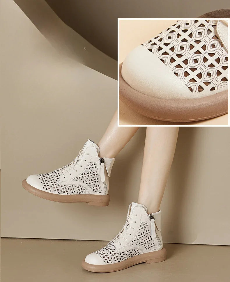 Leather Boots Woman 2025 Retro Leather Hollow Boots for Women Platform-soled Double-side Zipper Casual Short Boots Women's Shoes