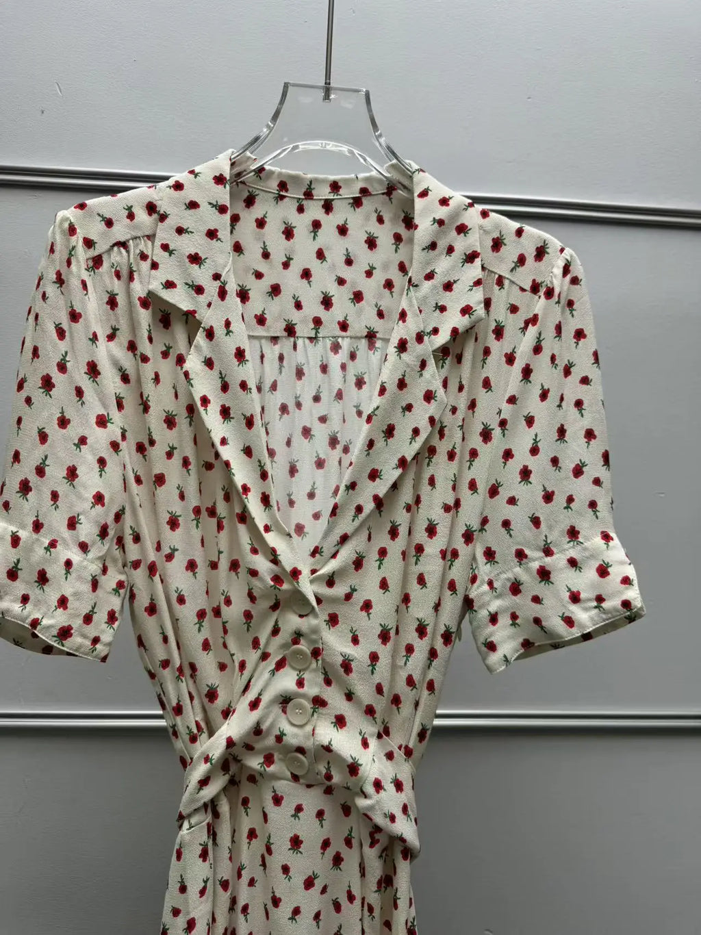 Women's Rose Printed Dress Prairie Chic Spring Summer Lady Short Sleeve Turn-Down Collar Waist Lace-Up Robe