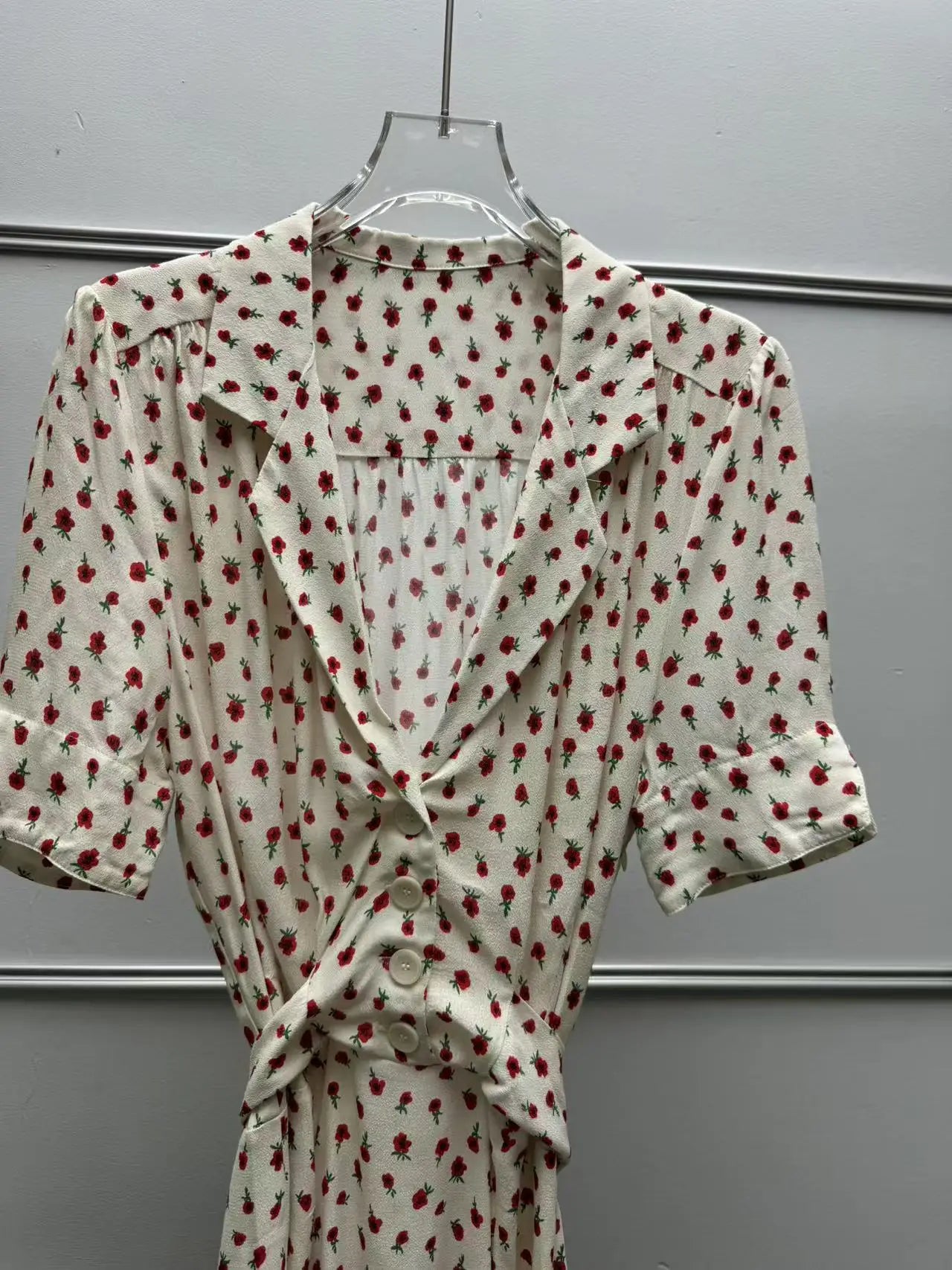 Women's Rose Printed Dress Prairie Chic Spring Summer Lady Short Sleeve Turn-Down Collar Waist Lace-Up Robe