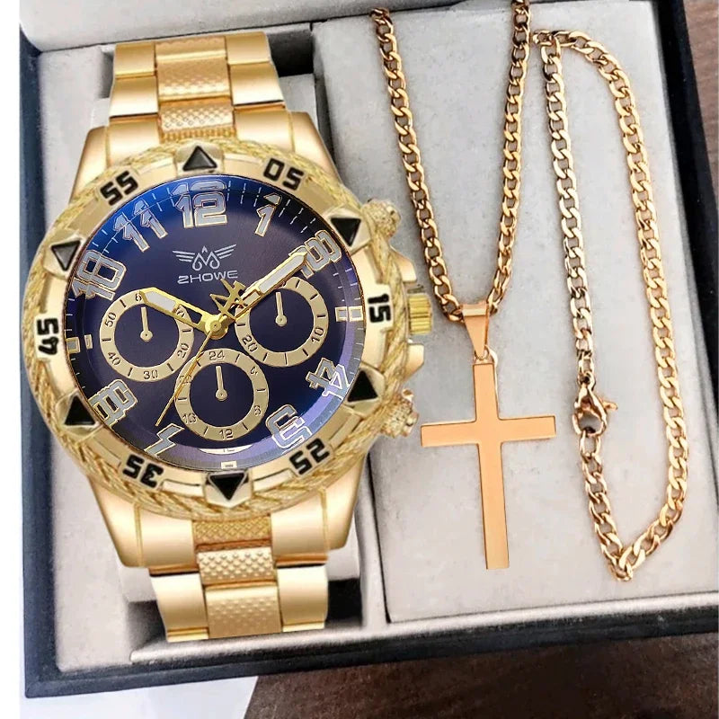 2 Pçs/set Moda Negócios Masculino Relógio Analógico de Quartzo com Colar Cruz (Sem Caixa)
