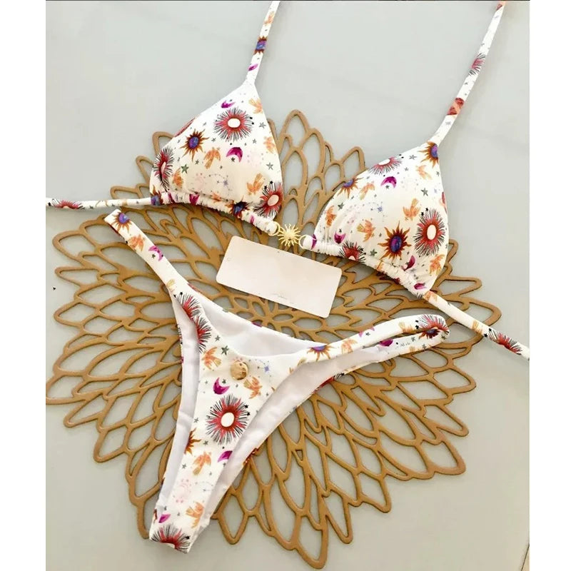 Sexy Bikini Set Bathing Suit Women Vintage Print Halter Lace-up Thongs Bikini Push Up Y2k Fashion Chic Beach Style Sexy Swimsuit