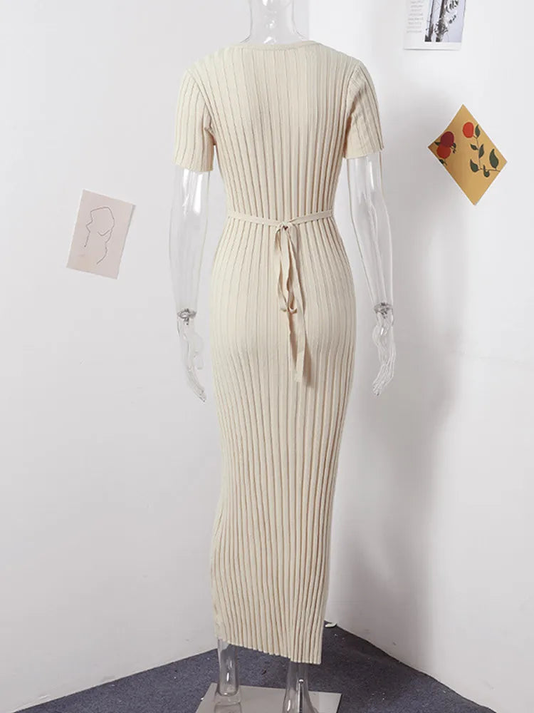 Knitted Women Long Dress Short Sleeve Pleated Lady Dresses 2024 Fashion Autumn Winter Hip Package O Neck Female Vestidos