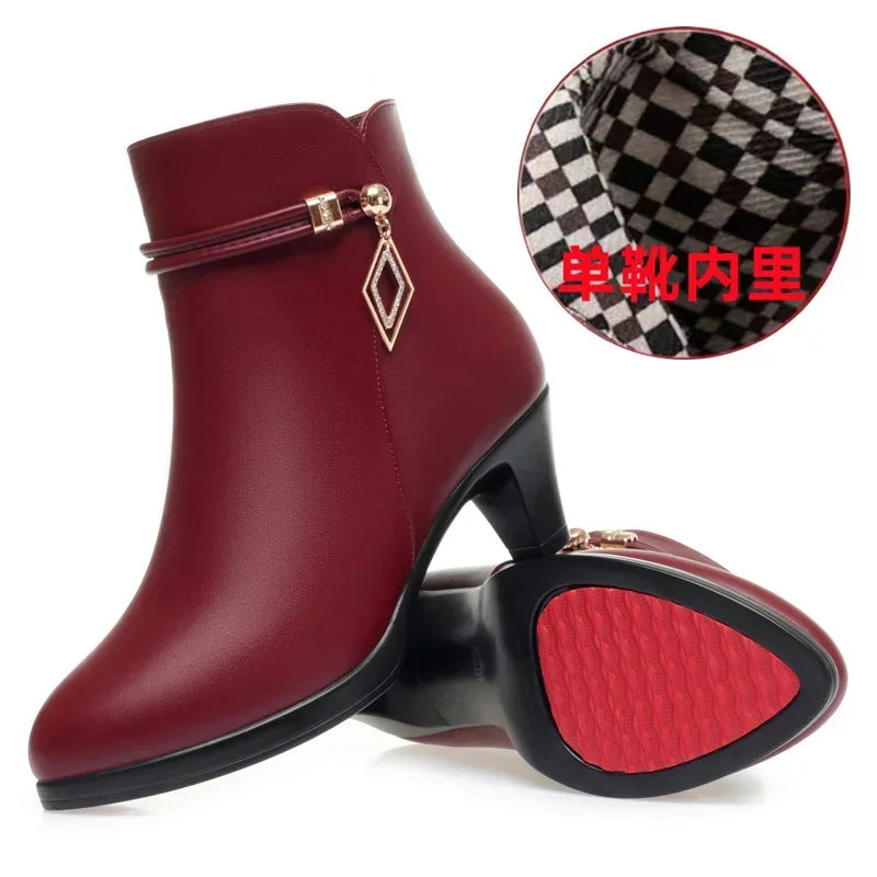 Comfort Fashion Soft Leather Winter Shoes Platform Boots 2024 Elegant Black Block High Heels Ankle Office Mom Boots
