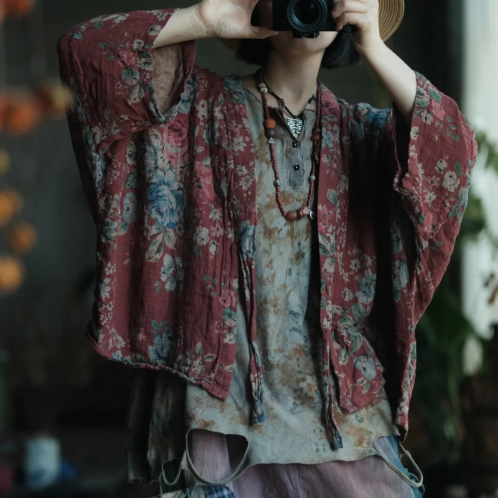 Oversized Women Casual Cotton Shirt New 2025 Spring Vintage Style Floral Print Loose Female Batwing Sleeve Tops Shirts M1391