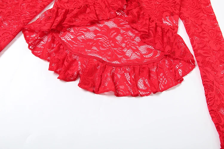 Weird Puss Jacquard Sexy Women 2 Piece Set Coquette Full Sleeve Ruffles Crop Tops+Bike Shorts Matching Clubwear Summer Outfits