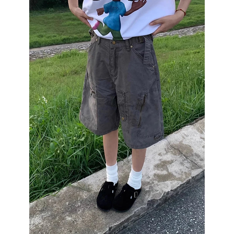 ZHIZOU Women Cargo Short Jeans American Vintage Y2K Straight Streetwear Wide Leg Pants High Waist Summer Knee Length Denim Short